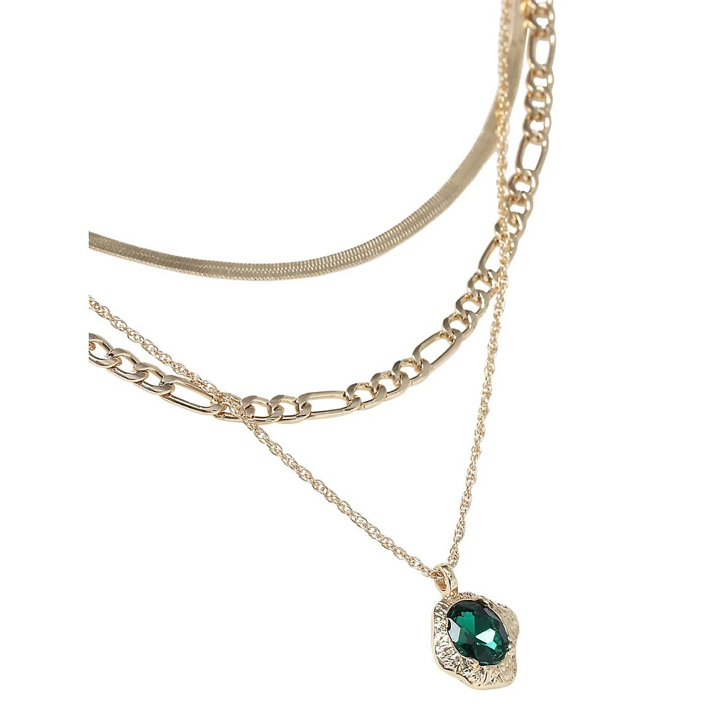 Goldtone & Green Stone Triple-Tier Pendant Necklace