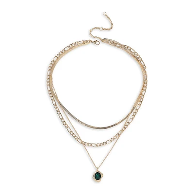 Goldtone & Green Stone Triple-Tier Pendant Necklace