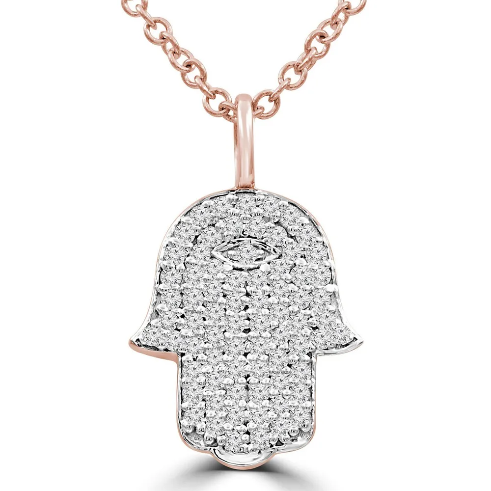 0.21 Ct Round Vs1 F Diamond Hamsa Pendant Necklace 14k Rose Gold