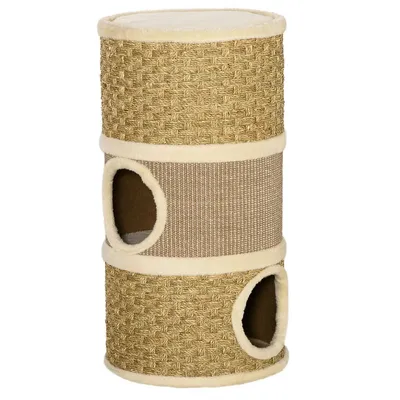 Cat Tower 3 Story Three Holes, 15" X 28", Khaki And Brown