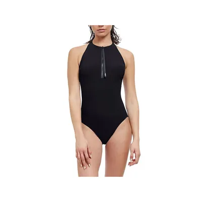 Solid One Piece High Neck Swimsuit