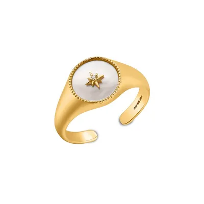 Hidden Gem 14K Goldplated Sterling Silver, Mother-Of-Pearl & Cubic Zirconia Signet Ring