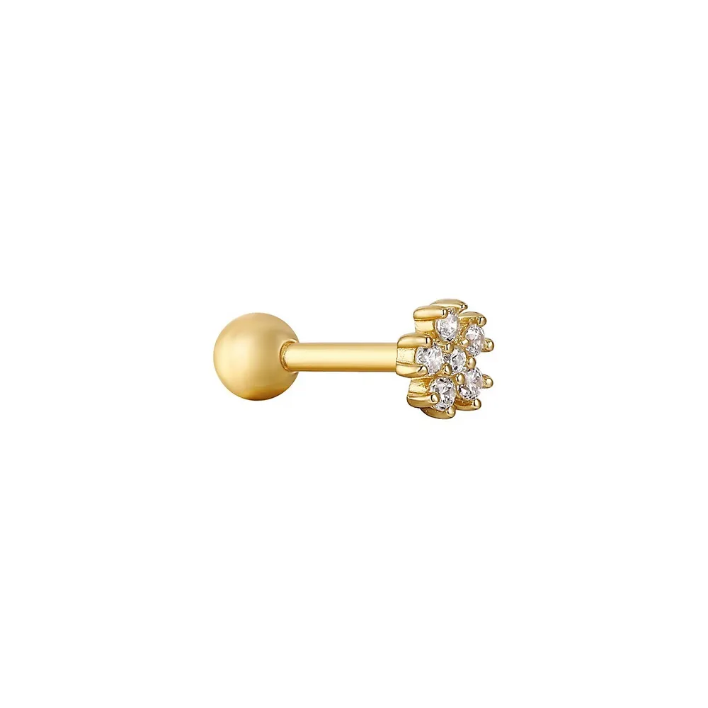 14K Goldplated Sterling Silver & Cubic Zirconia Flower Barbell Single Stud Earring