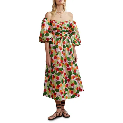 Alexis Multi Cherry Bardot Midi Dress