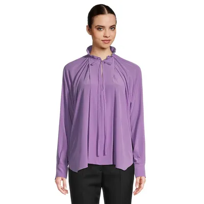 Ruched Tie-Neck Ruffled Blouse