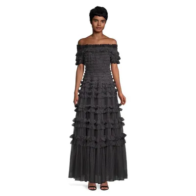 Lisette Off-The-Shoulder Ruffle-Tiered Gown