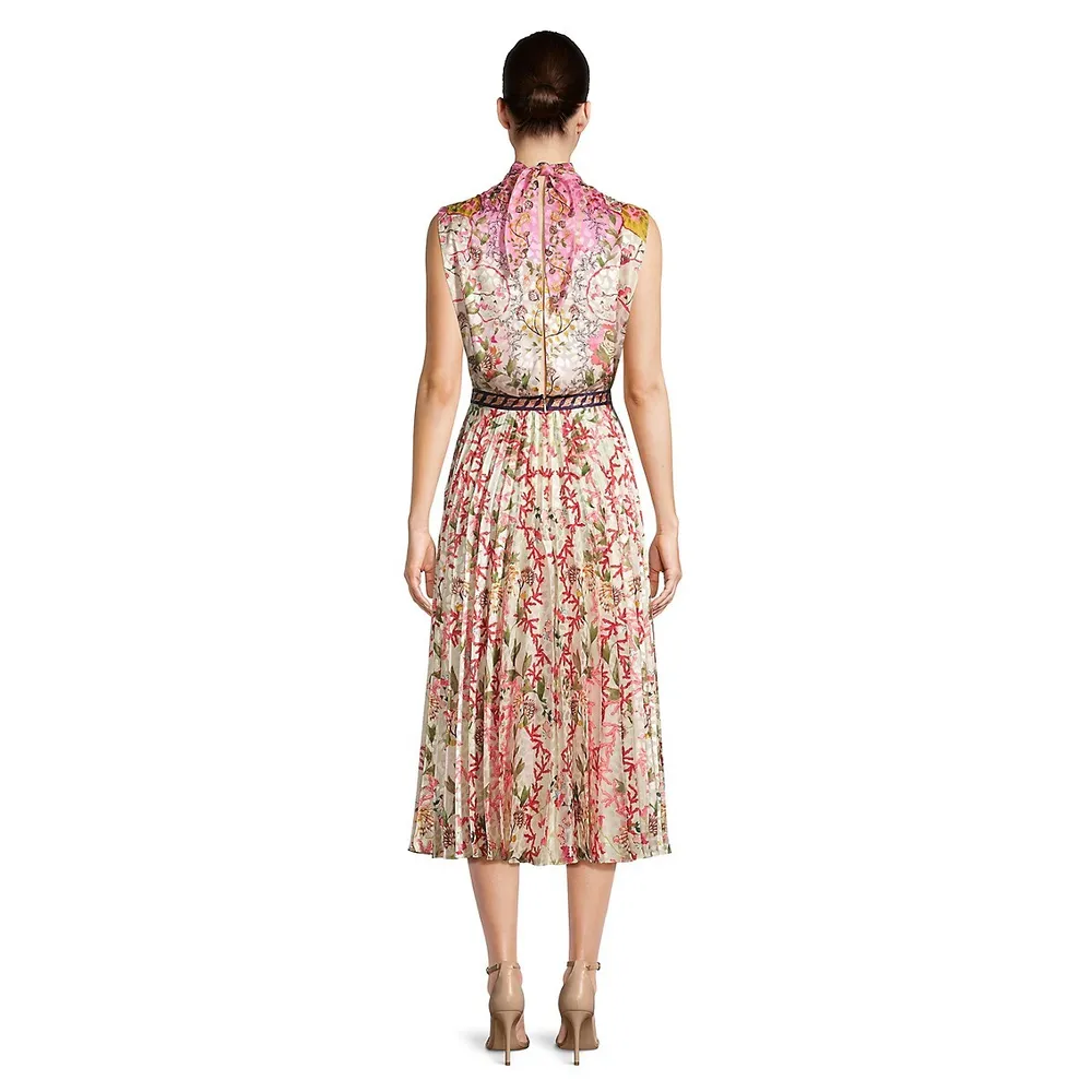 Sleeveless Pleated Floral Midi Dress