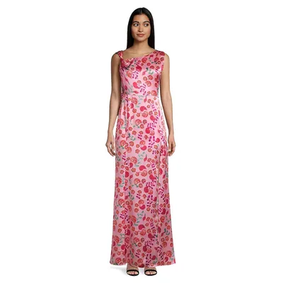 Leona Floral Silk One-Shoulder Draped Gown