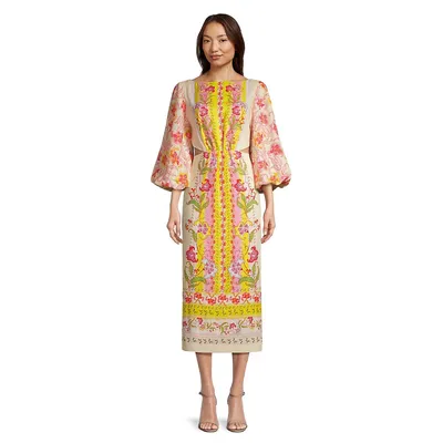 Neelam Cutout Floral Linen Midi Dress