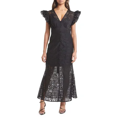 Ruffle-Trim V-Neck Embroidered Gown