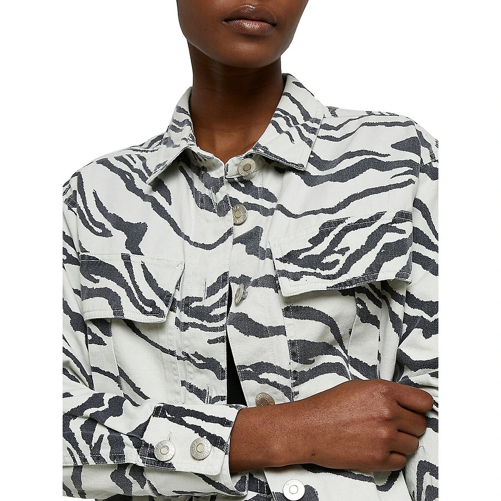 Zebra-Print Button-Front Cotton Shacket