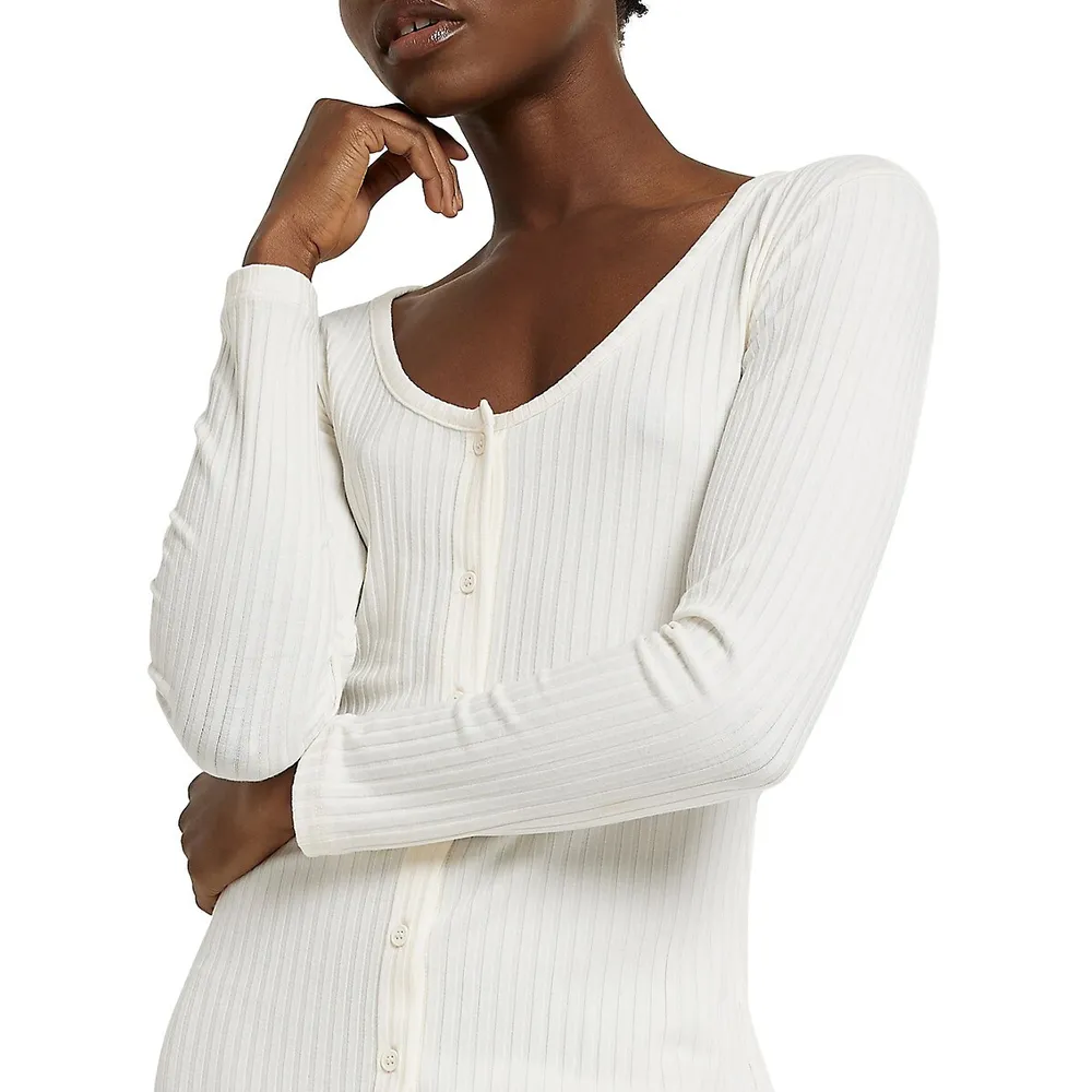 Sophia Long-Sleeve Ribbed Button Midi Dress