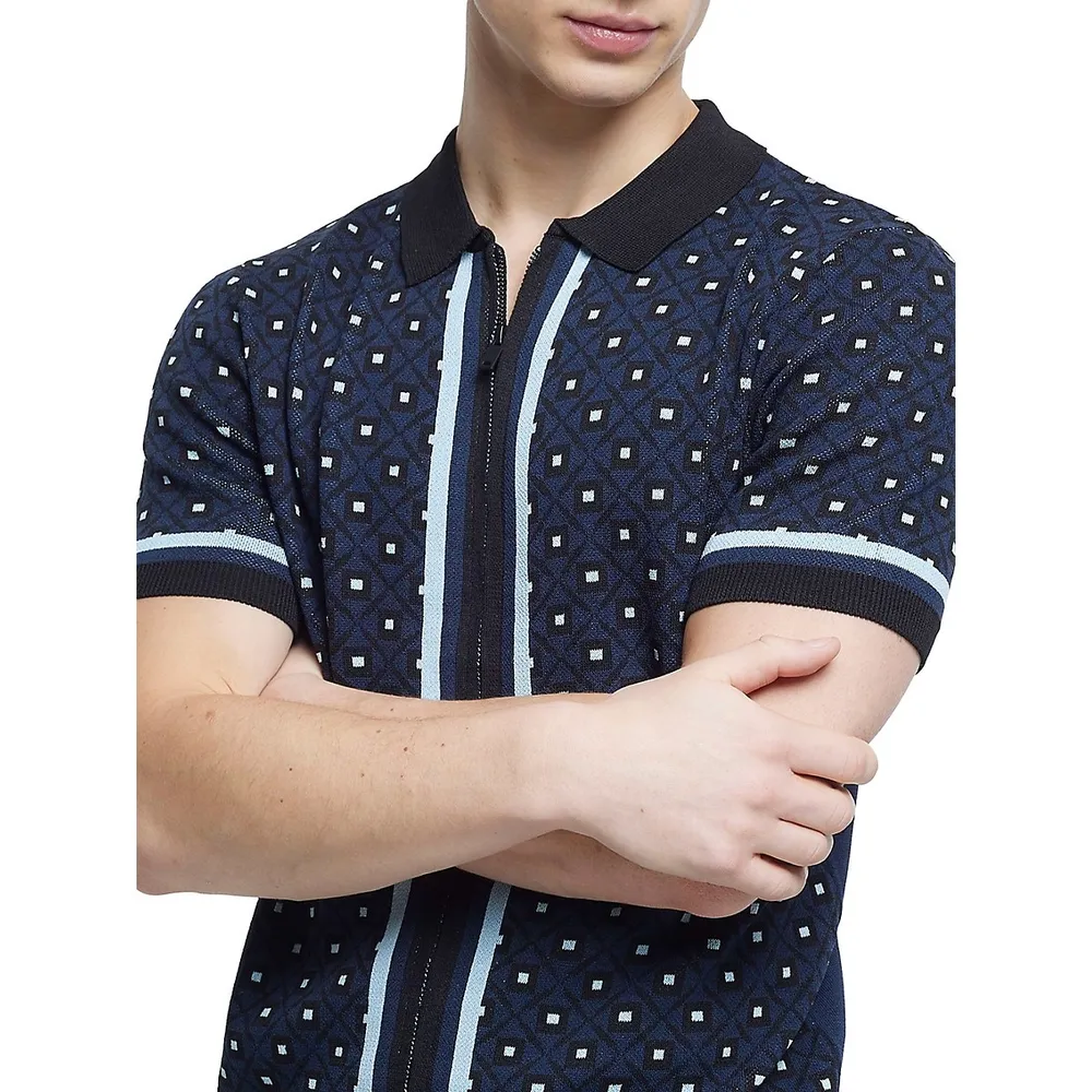 Geo-Print Full-Zip Polo Shirt