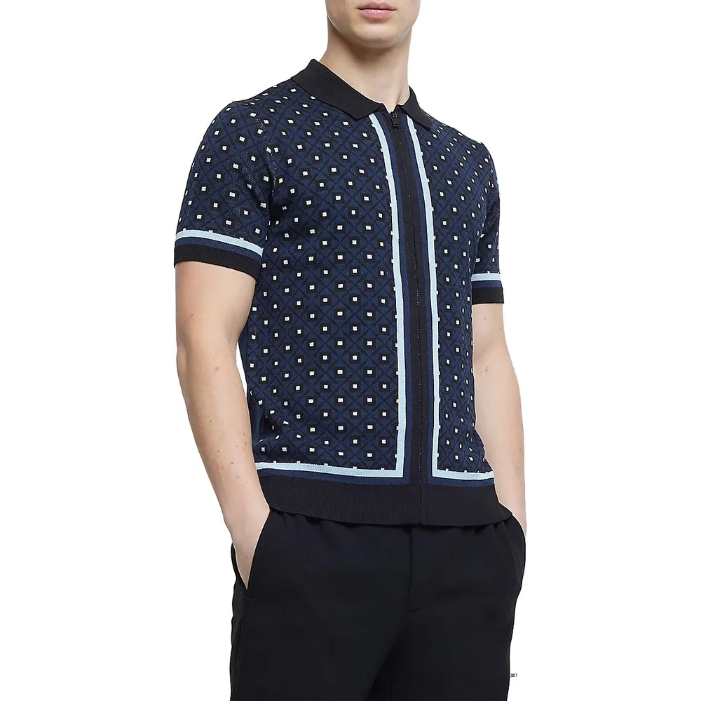 Geo-Print Full-Zip Polo Shirt