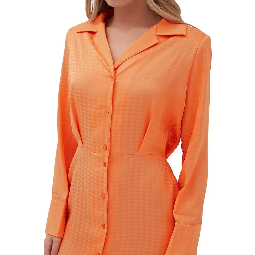 Priscilla Satin Houndstooth Mini Shirt Dress