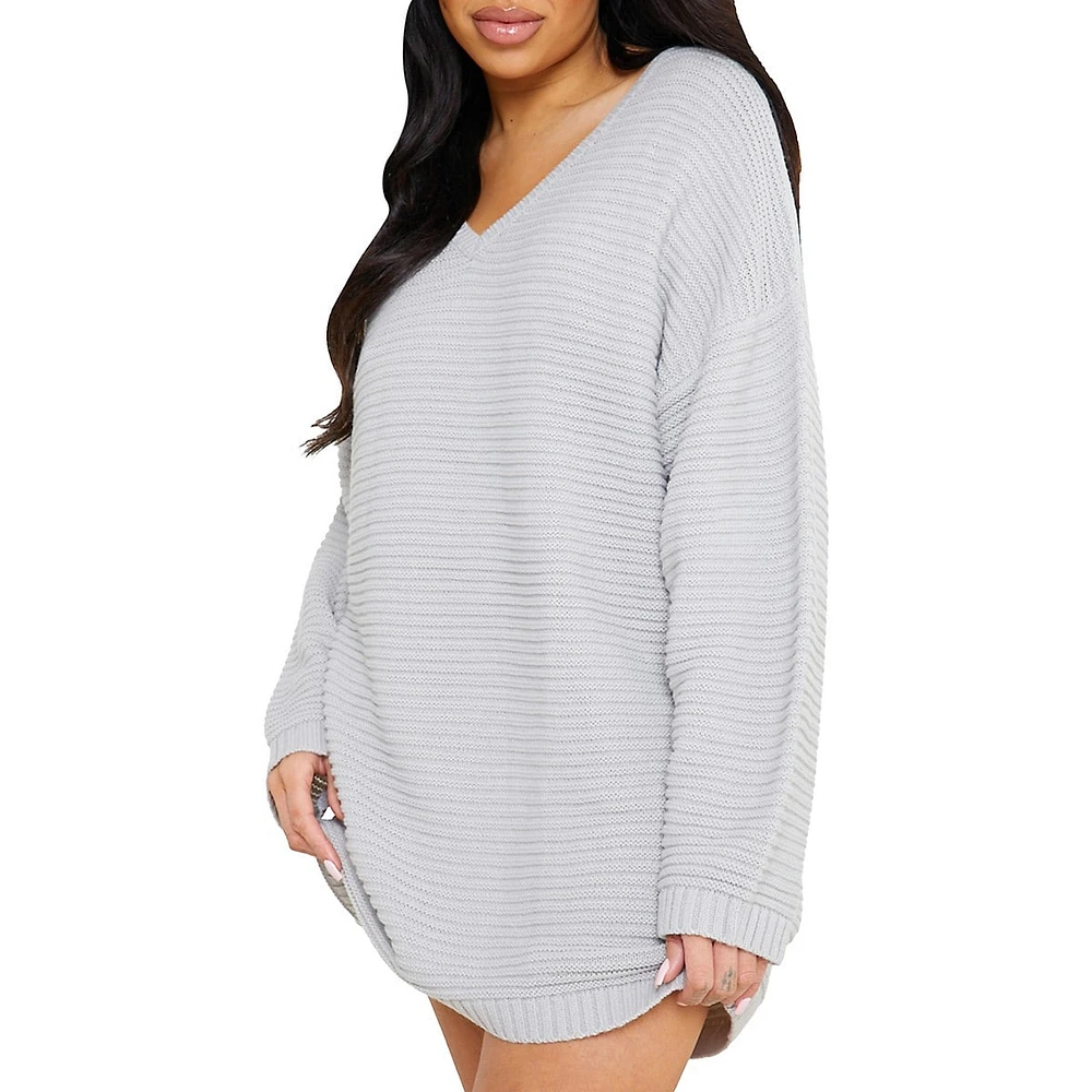 Plus Ribbed V-Neck Sweater Dress