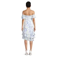 Printed Crossfront Strapless Tiered Ruffle Midi Dress