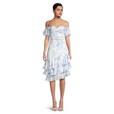 Printed Crossfront Strapless Tiered Ruffle Midi Dress