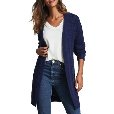 Longline Cable-Knit Open-Front Cardigan