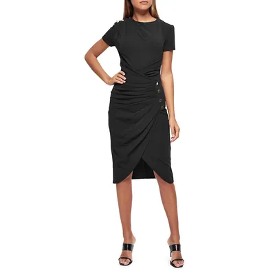 Ruched Buttoned Wrap Midi Dress