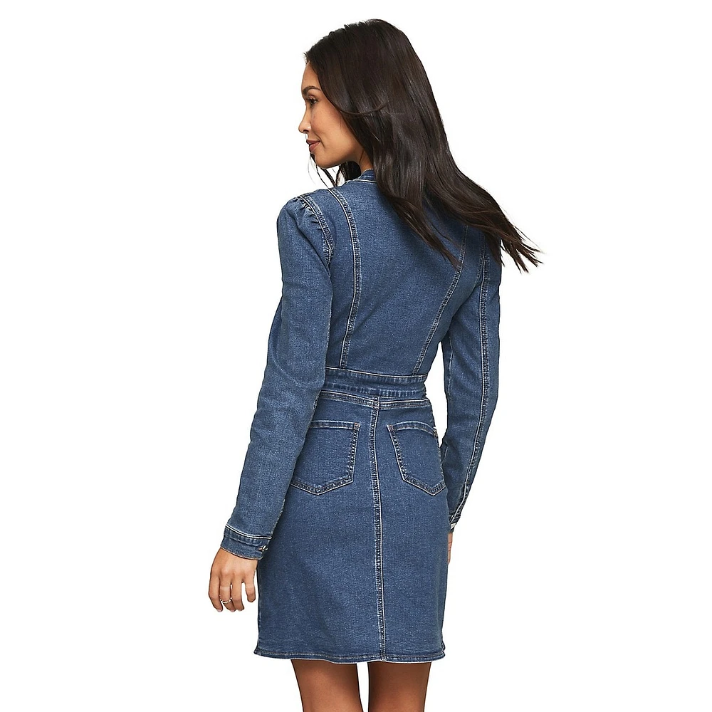 Long Puff-Sleeve Denim Mini Dress