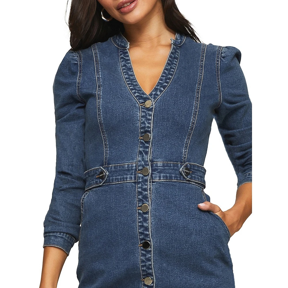 Long Puff-Sleeve Denim Mini Dress