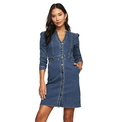 Long Puff-Sleeve Denim Mini Dress