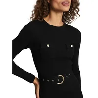 Military-Button Belted Knit Sheath Dress