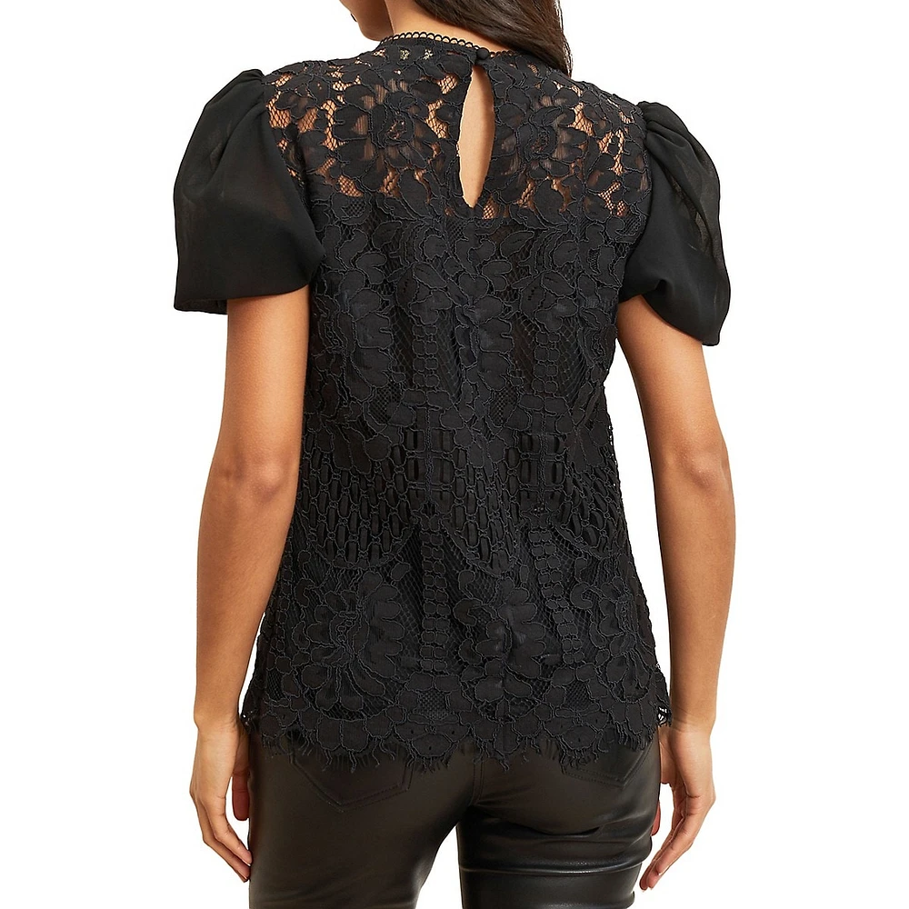 Lace-Trim Puff-Sleeve Top