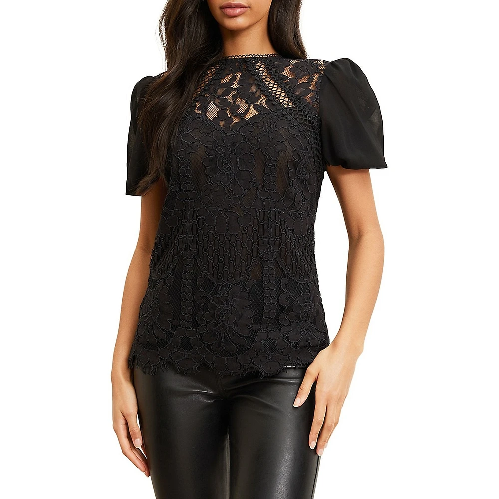 Lace-Trim Puff-Sleeve Top