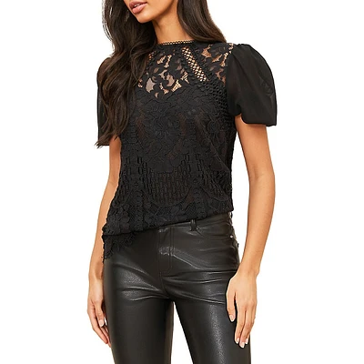 Lace-Trim Puff-Sleeve Top