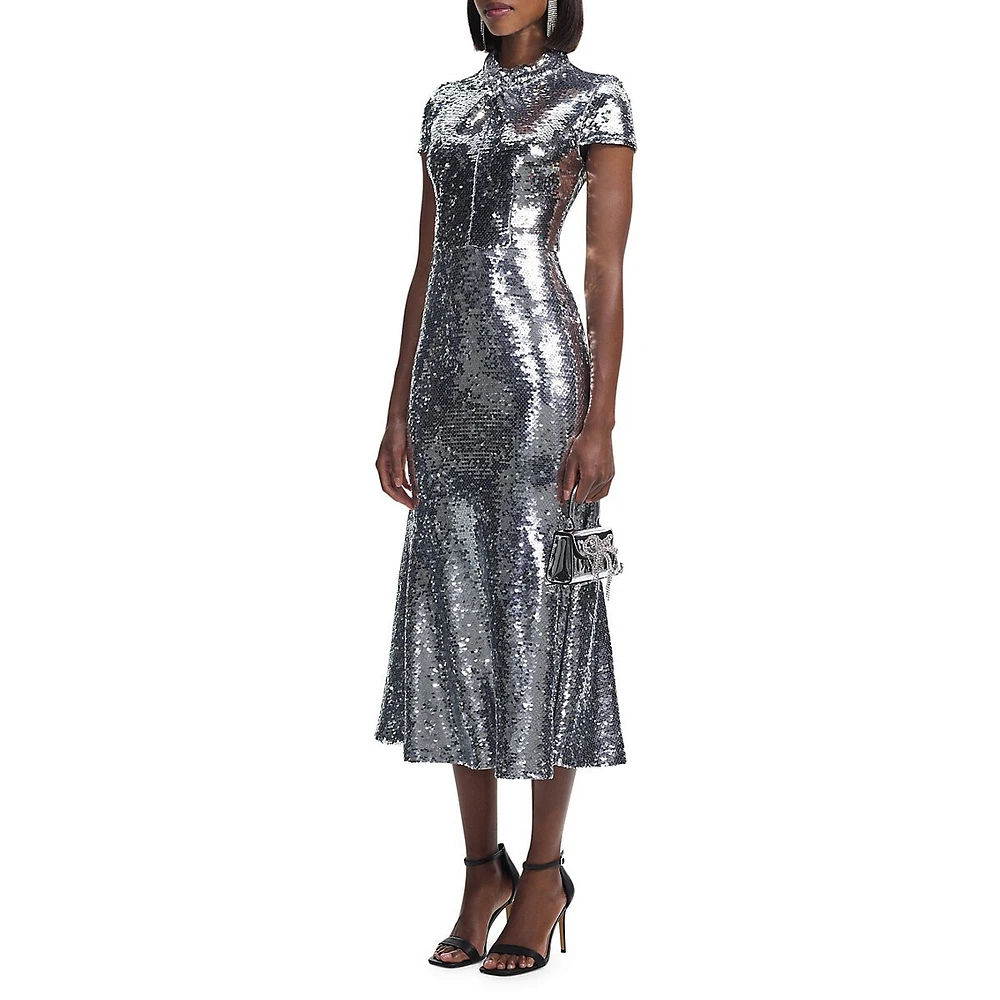 Sequin Twist-Neck Midi Dress