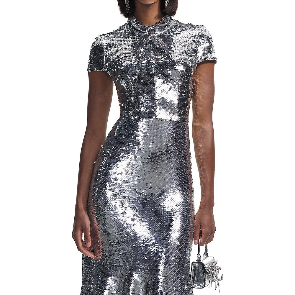 Sequin Twist-Neck Midi Dress