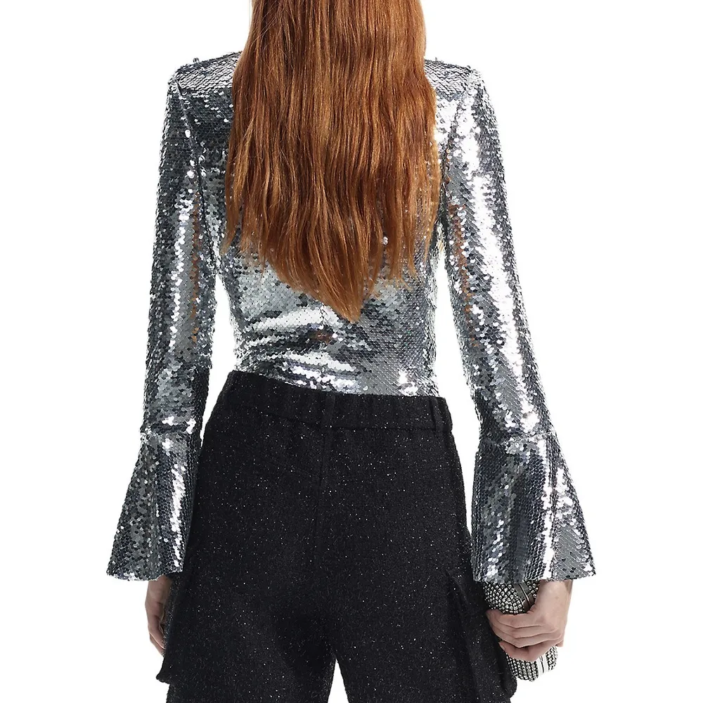 Allover Sequin Flared-Sleeve Top