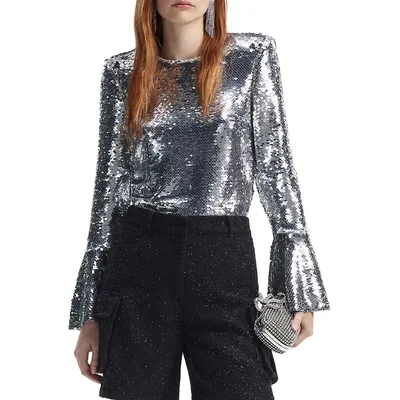 Allover Sequin Flared-Sleeve Top