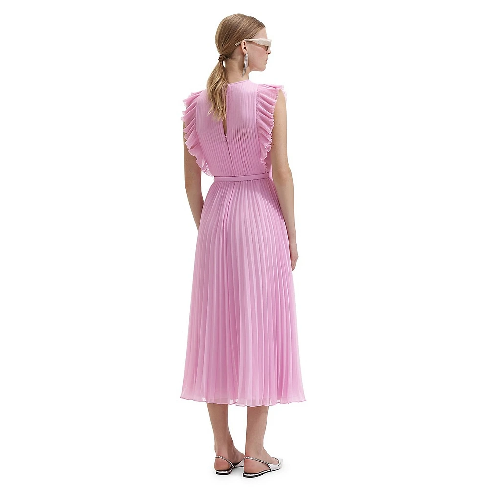 Pleated Chiffon Ruffled Sleeveless Midi Dress