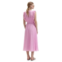 Pleated Chiffon Ruffled Sleeveless Midi Dress