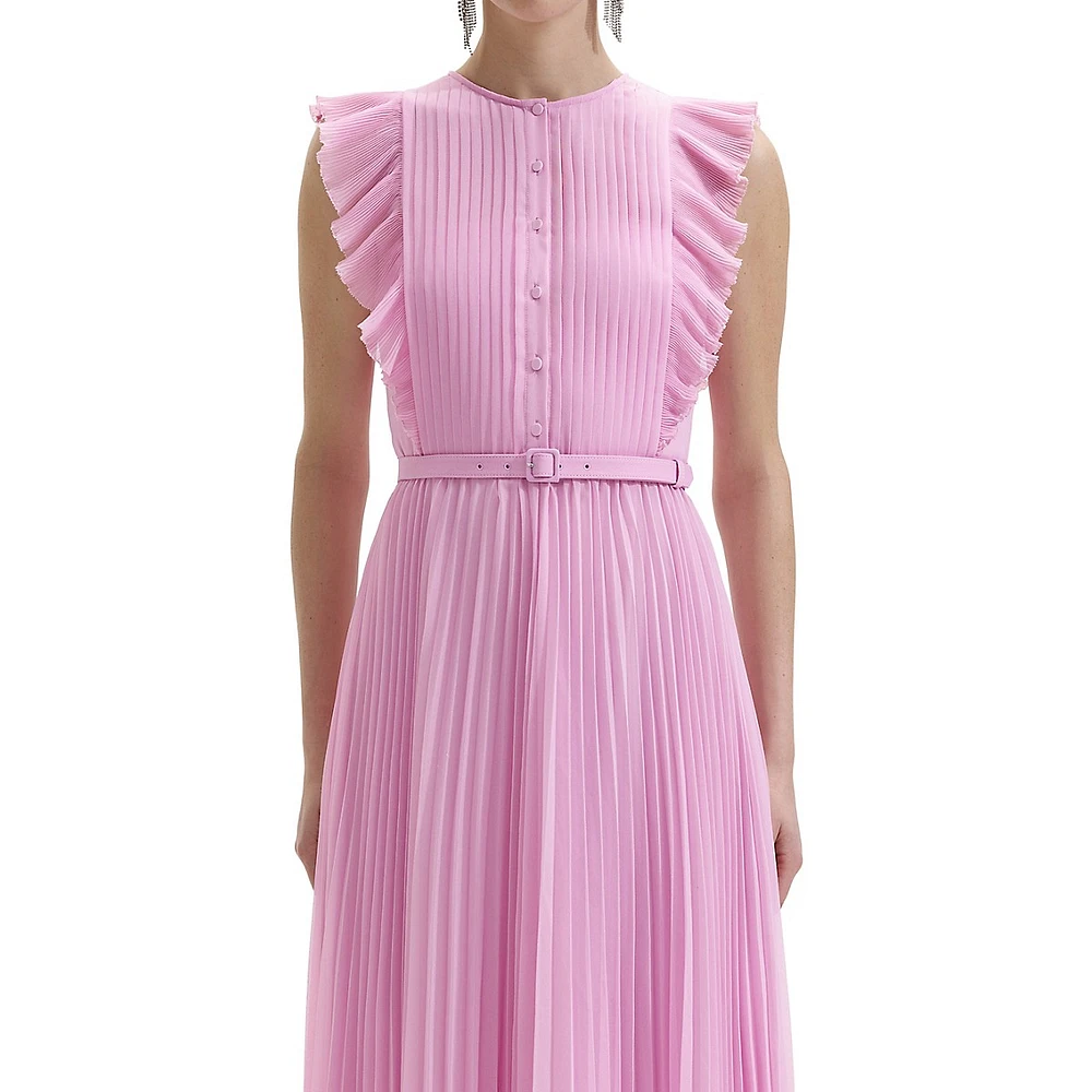 Pleated Chiffon Ruffled Sleeveless Midi Dress