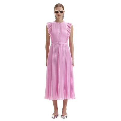 Pleated Chiffon Ruffled Sleeveless Midi Dress