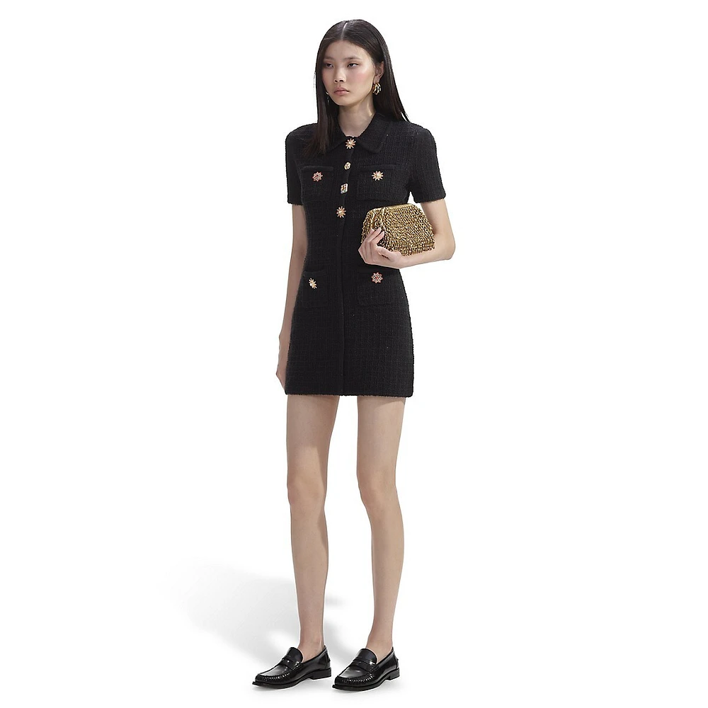 Embellished-Button Textured-Knit Mini Shirt Dress