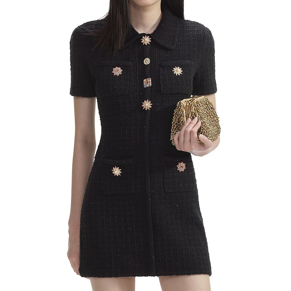 Embellished-Button Textured-Knit Mini Shirt Dress