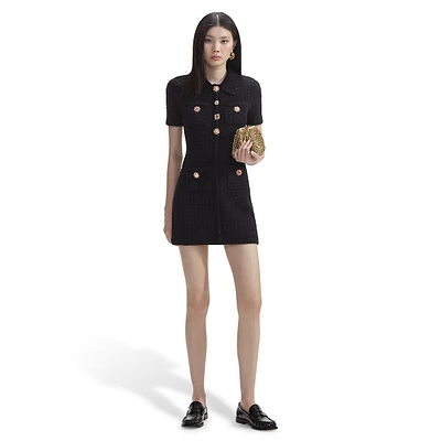 Embellished-Button Textured-Knit Mini Shirt Dress