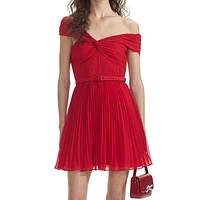 Off-The-Shoulder Pleated Chiffon Mini Dress