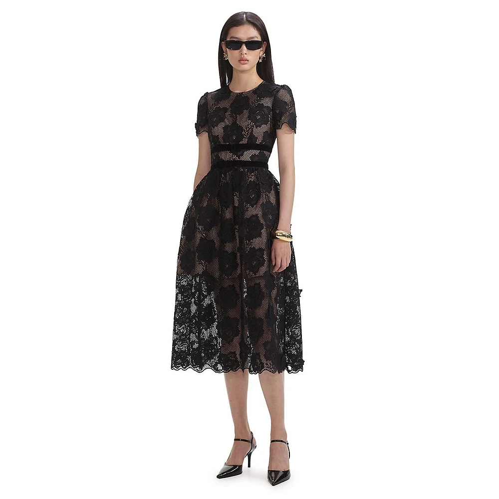 Floral Lace Velvet Bow Midi Dress