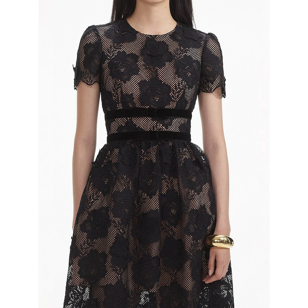 Floral Lace Velvet Bow Midi Dress