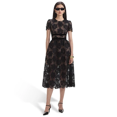 Floral Lace Velvet Bow Midi Dress