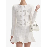 Textured Knit & Diamante-Button Mini Dress