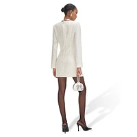 Pearl-Bead Bow-Trim Long-Sleeve Bouclé Mini Dress