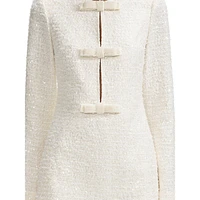 Pearl-Bead Bow-Trim Long-Sleeve Bouclé Mini Dress