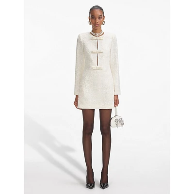 Pearl-Bead Bow-Trim Long-Sleeve Bouclé Mini Dress